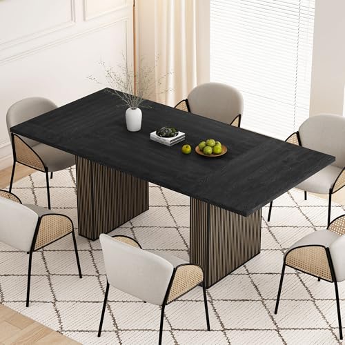 Image of 78 Inch Rectangular Dining Table for 6 to 10, Farmhouse Fluted Dining Kitchen Table, Modern Wood Long Dining Table for Kitchen Living Room, Black