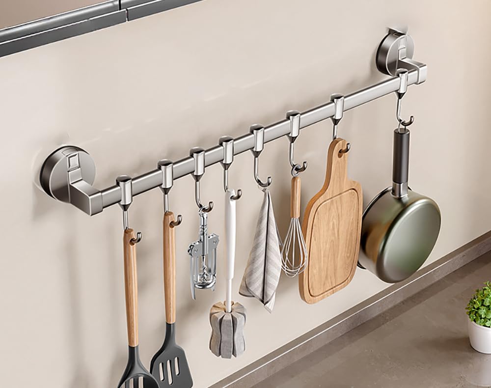LNGFSH Wall Mounted Utensil Rack Suction Cup, Aluminum Hanging Kitchen Rail Removable Hooks, Hanger Organizer for Utensil (Gray,with 8 Hooks 50cm)