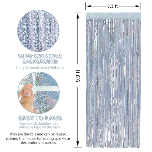 Image of Crosize 5 Pack 3.3 x 9.9 ft Laser Silver Foil Fringe Curtains Party Decorations, Laser Silver Tinsel Curtain Backdrop for Parties, Door Streamers, Glitter Streamer Backdrop for Birthday Decoration