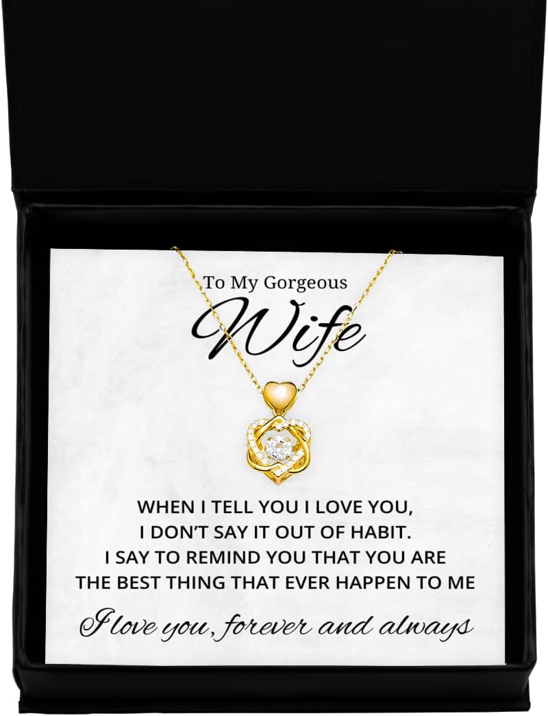 to My Gorgeous Wife Heart Knot Gold Necklace, When I Tell You I Love You, Best Birthday Gifts, Engagement Gifts, Wedding Gifts, Valentines Day Gifts for Wife