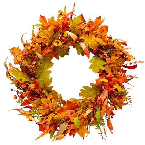 24” Fall Wreaths for Front Door, Autumn Wreath with Leaves, Bumpk...