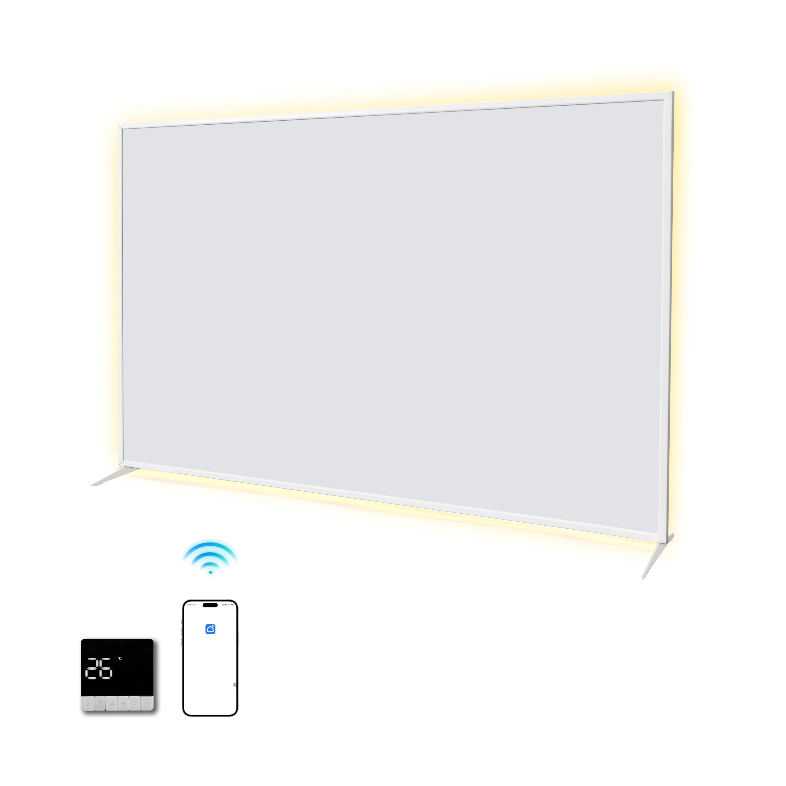 SHX Calefacción por infrarrojos premium con WIFI 1200 W, 15-22 m², montaje en techo o pared, dispositivo de pie, iluminación ambiental regulable, mando a distancia, detección de ventanas, pantalla LED