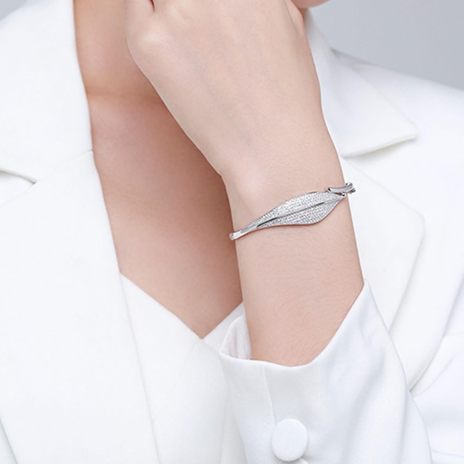 Pulsera para Mujer de Oro Blanco 9K / 14K / 18K, Hojas con Moissanita, Cadena 16 CM, Pulsera para Mujer de Plata