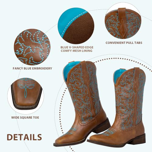 Image of SheSole Cowboy Boots For Women Wide Square Toe Mid Calf Ladies Western Cowgirl Boots
