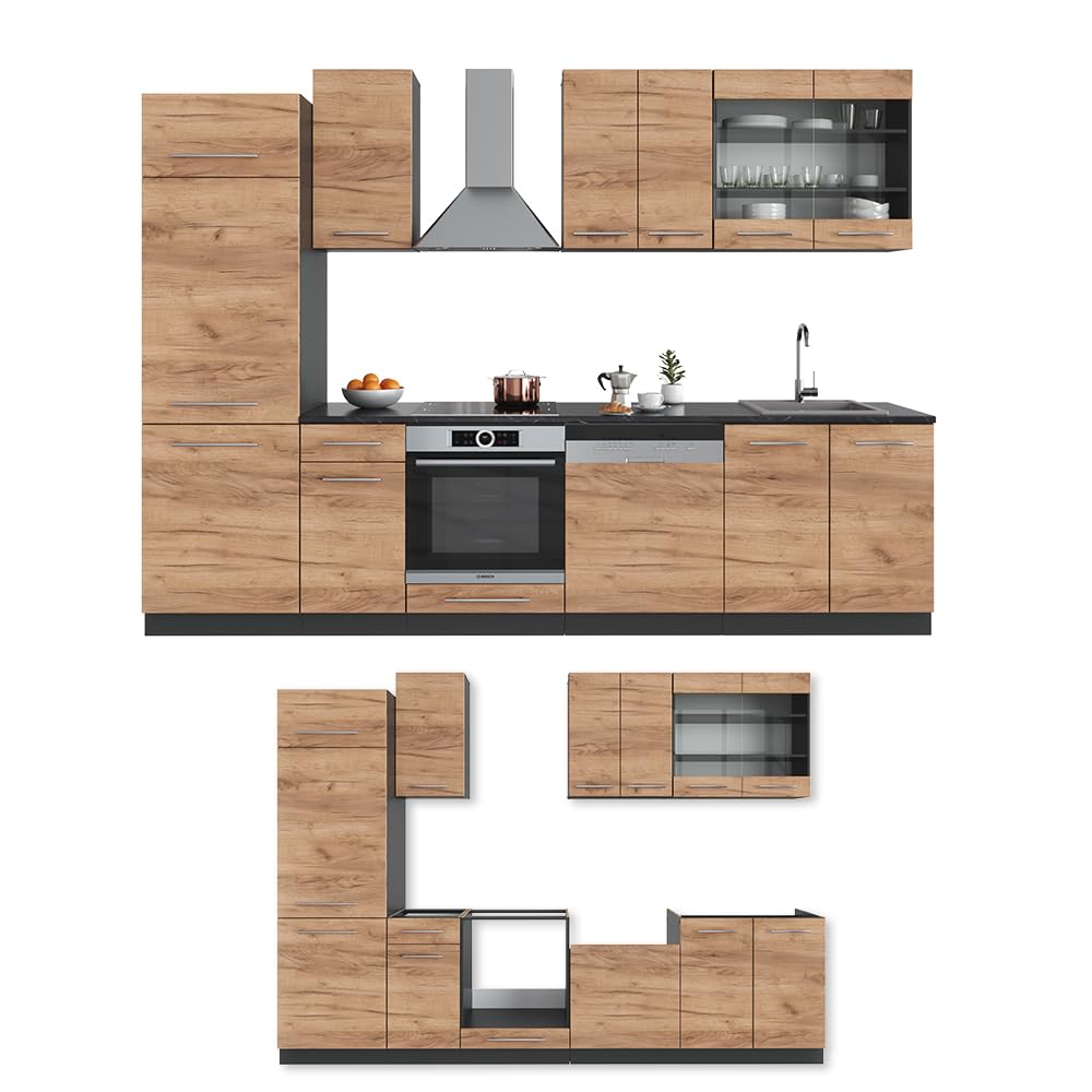 Vicco Küchenzeile Fame-Line, Goldkraft Eiche/Anthrazit, 300 cm | ohne Arbeitsplatte, zur individuellen Erweiterung mit kompatiblen Modulen
