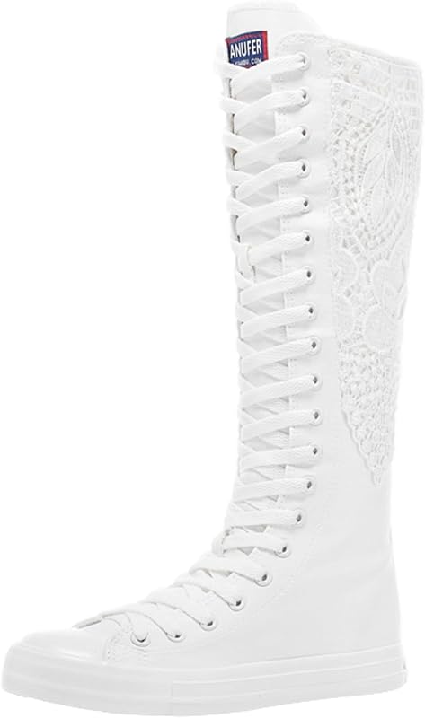 Girls Women Fashion Wedge Heel Canvas Knee Boots Zip Dance Boots