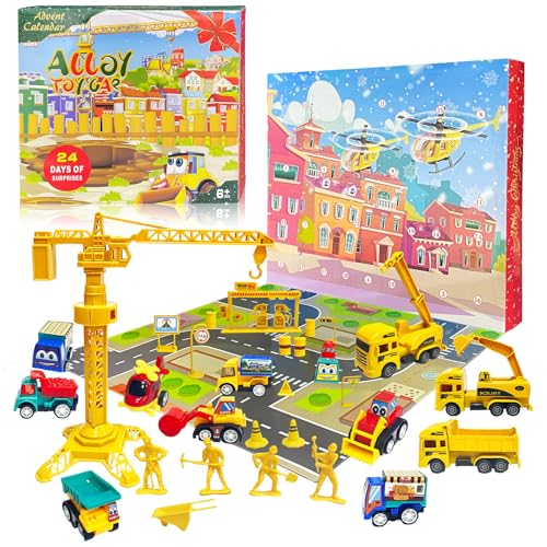 Juguetes en obras de construcción dentro de un calendario de adviento para niños de coche