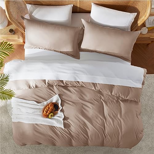 Nestl Queen Duvet Cover Set with Comforter Insert - Khaki 4 Piece 90x90 Duvet Cover & 2 Pillow Shams with White Quilted Down Alternative Comforter, Ultra Soft, All Season