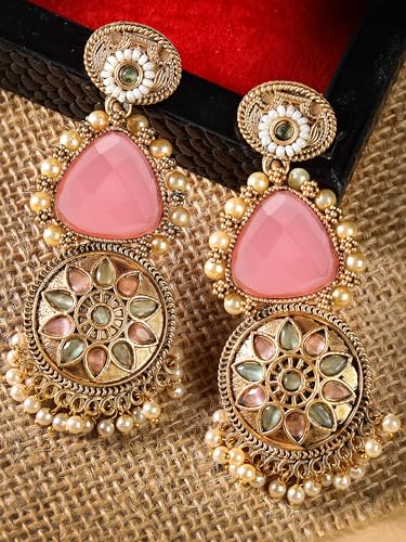 Image of Karatcart Red Stone Studded Gold Plated Drop Earrings for Women