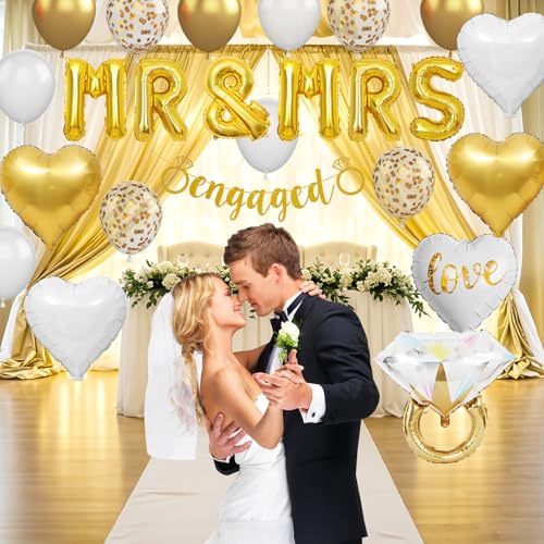 Image of Gold Engagement Party Decorations, MR and MRS Balloons Ring Foil Banner
