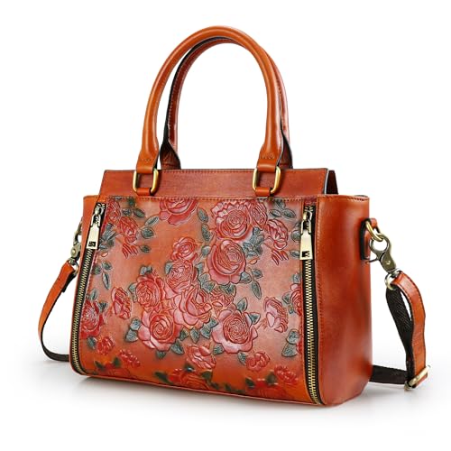 Crossbody Bag for Women Leather Shoulder Bag Medium Satchel Vintage Embossing Rose Large Capacity