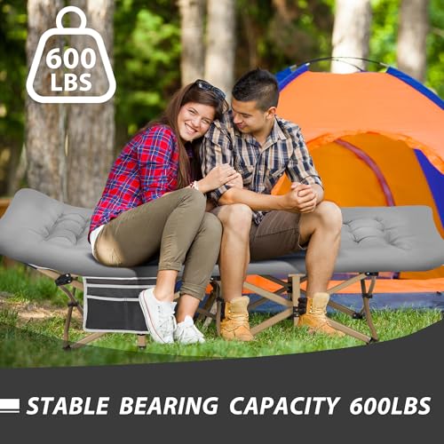 Candockway Folding Camping Cot with Comfy Mattress(Stripe Grey),600LBS(Max Load),Portable Cot Bed for Adults Include Carry Bags,28\" Wider Sleeping Cots for Home,Office Nap,Outdoor Travel Camp Beach
