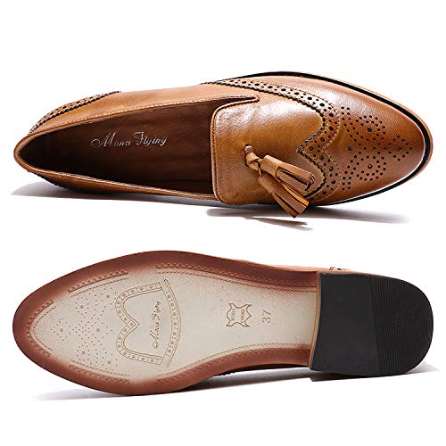 Image of Mona flying Women's Leather Tassel Loafers Slip on Brogue Flat Office Shoes