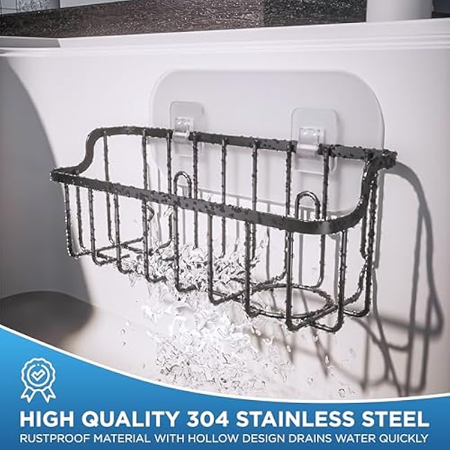 Sponge Holder for Kitchen Sink: 2-in-1 Kitchen Organizer for a Sponge & Dish Brush- 304 Stainless Steel Sink Caddy with Suction Cups & Adhesive Hook - Matte Black