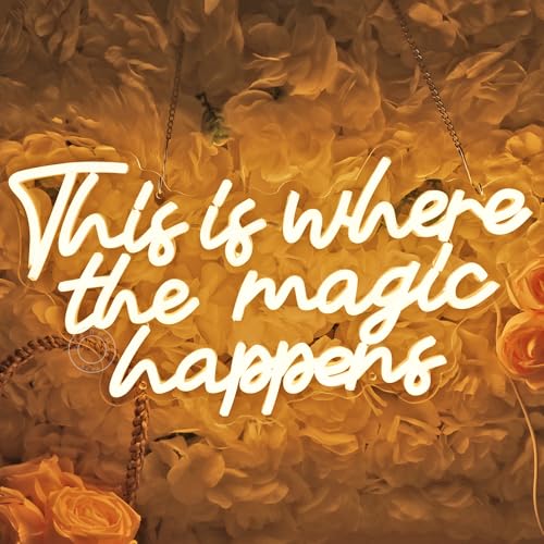 Image of SYLHOME This Is Where The Magic Happens Led Neon Light Sign Bedroom Wedding Birthday Party Wall Decor Sign Bar Pub Kids Room Decoration USB 16.9 inch X 8.9 inch Warm White