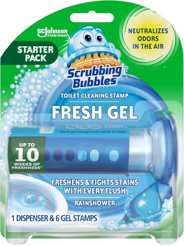 Image of Scrubbing Bubbles Fresh Gel Toilet Bowl Cleaning Stamps, Helps Keep Toilet Clean and Helps Prevent Limescale & Rings, Rainshower Scent, 1 Dispenser with 6 Fresh Gel Stamps (Pack of 6)