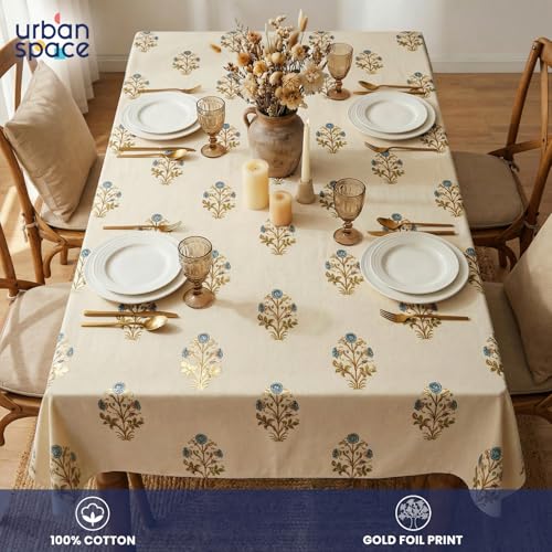 Image of Urban Space 100% Cotton Dining Table Cover for 6 Seater, Gold Foil Printed Cotton Table Cloth for Center Table, Dining Room Table Cover (Size 48 inch x 92 inch - 6 Seater, Zari Blue Gold)