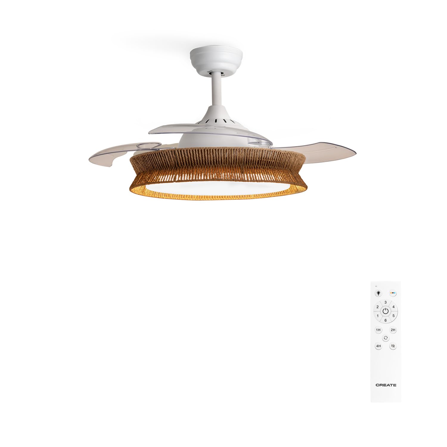 CREATE / WIND CLEAR/Ceiling fan with white light and braided wicker with control/40W, Ø108 cm, timer, 6 speeds, retractable blades, 3 light temperatures, summer-winter function