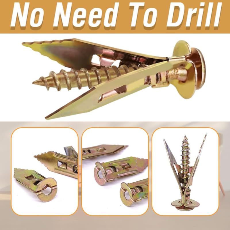 PUSKIU 2024 Upgraded Self-Drilling Anchors Screws, Zinc Plated Steel Drywall Anchors With Screws, Easy Application No Drill or Holes in Wall, Gold