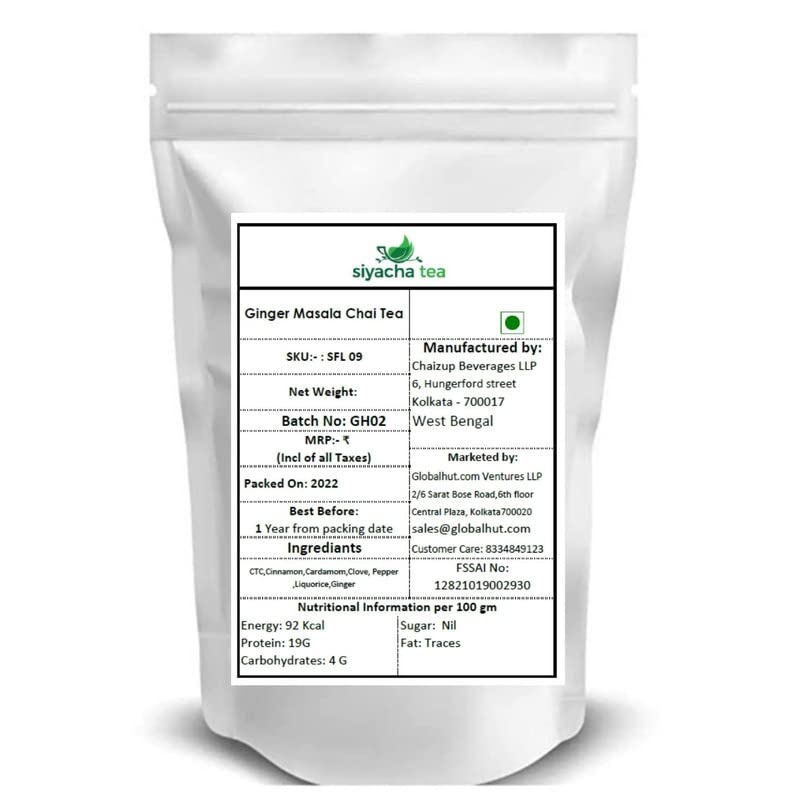 Image of Siyacha Tea Ginger Masala Chai, Fresh Assam CTC Tea, Ginger, Cinnamon, Cardamom, Clove, 100% Natural Whole Spice Blend, No flavours, Loose Leaf Chai Patti, 100 Grams Makes 50 Cups (approx)