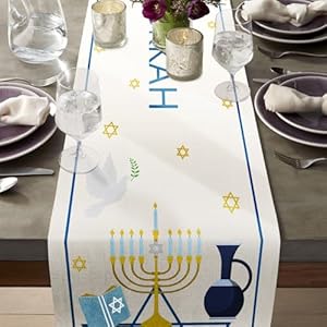 LeZakaa Hanukkah Table Runner, Kitchen Dining Linen Table Decoration with Happy Hanukkah Lettering and Candle Design for Indoor/Outdoor Home Party Decor - 13 x 72 Inch LeZakaa Hanukkah Table Runner Kitchen Dining Linen Table Decoration with Happy Hanukkah Lettering and Candle Design for IndoorOutdoor Home Party Decor 13 x 72 Inch