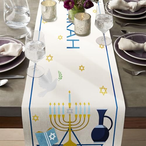 LeZakaa-Hanukkah-Table-Runner-Kitchen-Dining-Linen-Table-Decoration-with-Happy-Hanukkah-Lettering-and-Candle-Design-for-IndoorOutdoor-Home-Party-Decor-13-x-72-Inch LeZakaa Hanukkah Table Runner Kitchen Dining Linen Table Decoration with Happy Hanukkah Lettering and Candle Design for IndoorOutdoor Home Party Decor 13 x 72 Inch