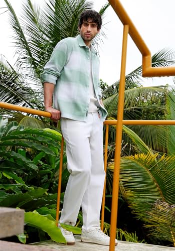 Image of CAHOOT Men's Vignette Checkered Oversized Shirt | Spread Collar, Long Single Button Cuff Sleeves | Button, Straight Hem| Light Pistachio:Cream White