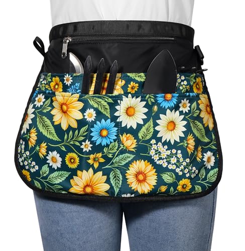 Bafelia Garden Apron for Women with 5 Pocket,Half Florist Apron Harvesting (Green Flowers)