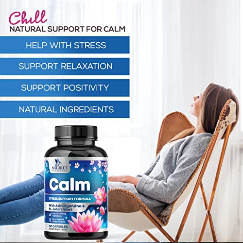 Calm & Stress Support Herbal Supplement - With Ashwagandha, L-Theanine, 5-Htp, Gaba & B Complex Vitamins - Natural Stress & Immune Support For Calm & Positivity - Relax, Focus, Unwind - 120 Capsules #TOP5