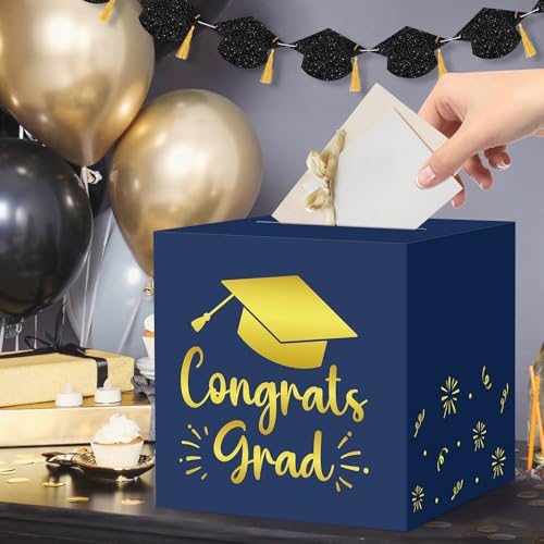 Image of Hooqict Graduation Card Box with Slot 9.1 inch Congrats Grad Blue Gold Money Card Box for Class of 2026 Graduation Decorations Money Envelope Gifts Cards Holder Grad Party Supplies