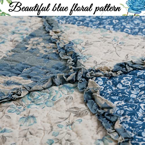 Cozy Line Home Fashions 100% Cotton Real Patchwork Floral Vintage Cottage Reversible Quilt Bedding Set Coverlet Bedspread (Blue Roses, King-3 Piece)
