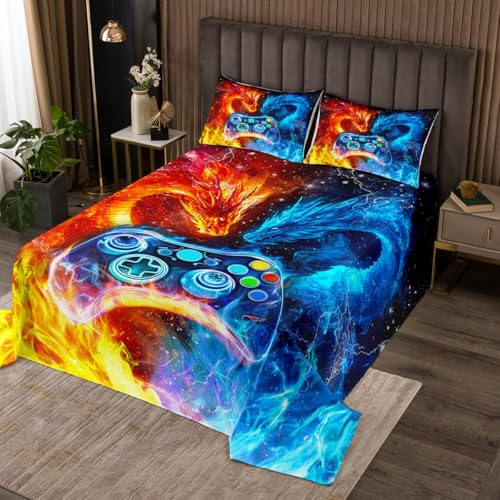 Feelyou Dragon Gaming Bedspread King Size, Kids Gamer Coverlet Set Gamepad Quilted Coverlet Ice Fire Dragon Quilted 3Pcs