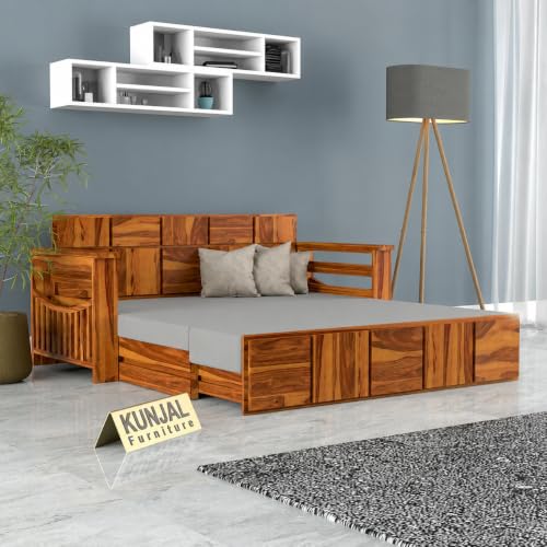 Image of Kunjal Furniture Solid Sheesham Wood Sofa Cum Bed with Storage for Living Room | Natural Finish | 3-Seater Convertible Sofa Bed | Handmade Wooden Furniture (Natural+Grey, Contemporary)