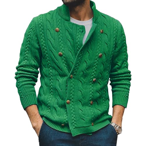 Mens Double Breasted Cardigan Sweaters Mock Neck Cable Knitted Button Down Knitwear Slim Fit Casual Knitted Sweater