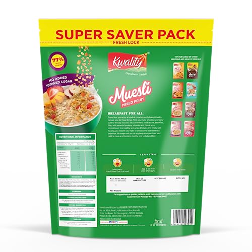 Image of Kwality Muesli Mixed Fruit Super Saver Pack 700 G | Mixed Fruit | Zero Cholesterol & Trans Fat | No Added Refined Sugar | Healthy Food & Breakfast Cereal (Pack of 3)