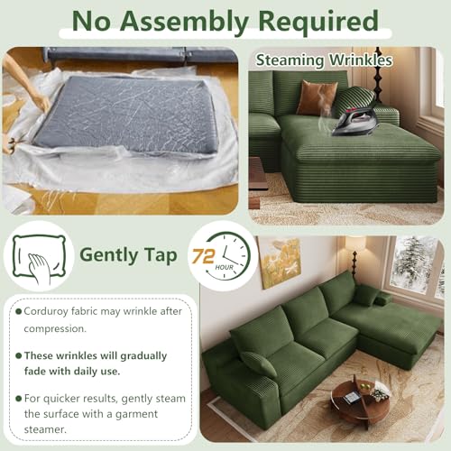 Image of 107 inch Cloud Couch Modular Sectional Sofa for Living Room, L-Shape Boneless Couch with Deep Seat, Modern Corduroy 3-Seater, No Assembly Required (Green,Right-Facing Chaise)