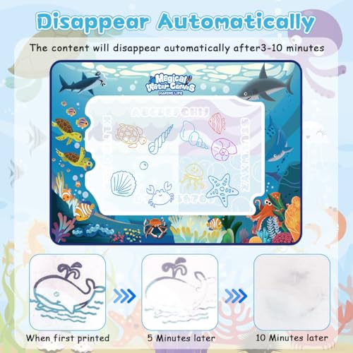 Image of Magic Water Doodle Mat for Kids, Reusable Cartoon Toddler Alphabet Practicing Writing Board with Water-Based Pens, Templates, Guiding Book, Shape Models (60 * 40cm Deep-Sea Animals)