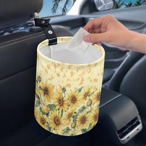 Image of Cute Sunflower Design Car Trash Bin Hanging, Waste Basket - Cute, Portable, Collapsible, Waterproof Rubbish Bag for Back Seat, Floor, or Hanging Headrest