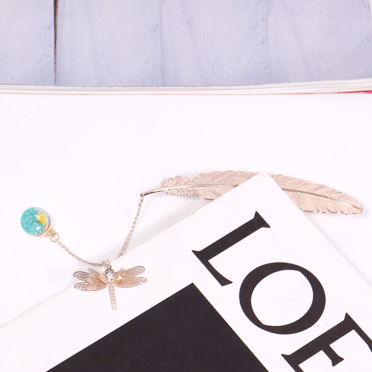 Vintage Metal Bookmark with 3D Dragonfly Pendant - Gift for Women Readers, Teachers (Blue), Rosegold Feather Blue Ball - Image 4