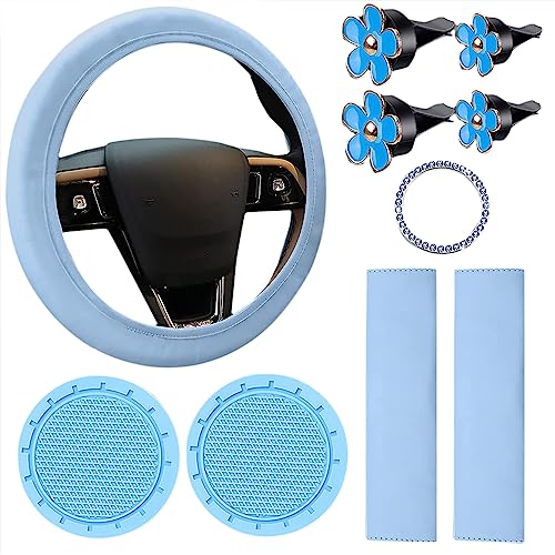 Cachpib 10 Pieces Blue Suit Leather Steering Wheel Cover for Women Cute Car Accessories Set With Seat Belt Shoulder Pads Cup Holders