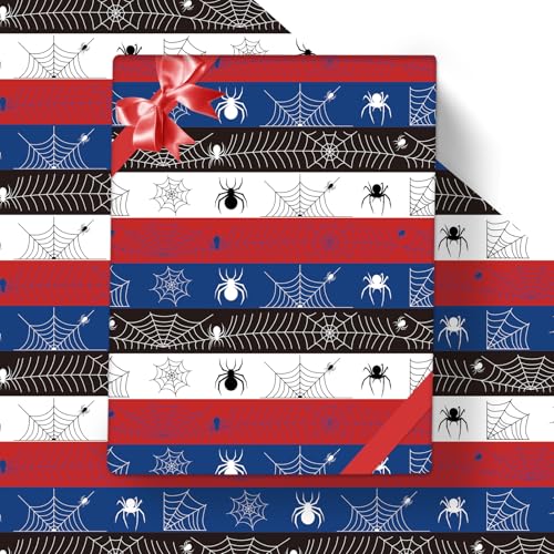 Black and Red Spider Wrapping Paper 8 Sheets Spider Webs Pattern Printed Gift Wrap Paper for Kids Boys Girls Birthday Baby Shower Theme Party Greeting Holiday Decoration Supplies| 19.727.6 inch