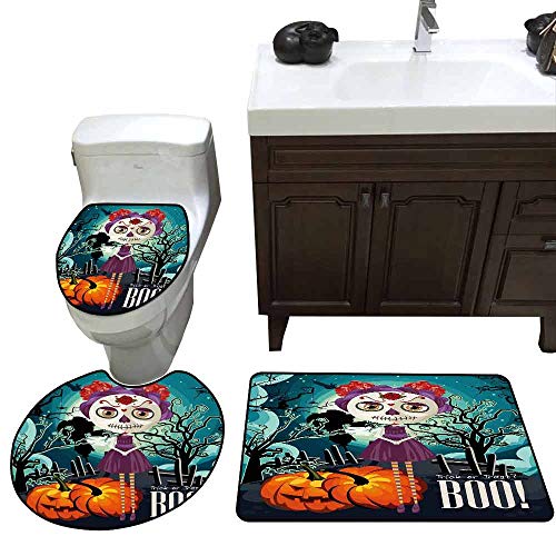 3 Piece Toilet lid Cover mat Set Halloween Cartoon Girl with Sugar Skull