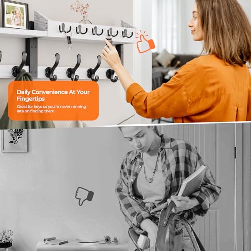 Image of Evermagin 35 inch Coat Rack Wall Mount with Shelf, 4 in 1 Coat and Key Hanger with 13 Metal Hooks, Entryway Wall Mounted Shelf with Mail Holder for Living Room, Bedroom, White