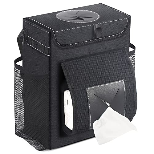 Tsumbay Car Trash Can with Lid with Adjustable Tissue Holder, Removable Leakproof Car Trash Bag Hanging with Storage Pockets, Multipurpose Collapsible Garbage Bin for Car (2.5 Gallon/9.5L)