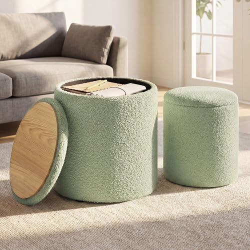 SONGMICS-Vanity-Stool-Set-of-2-Round-Storage-Ottoman-Teddy-Fleece SONGMICS Vanity Stool, Set of 2, Round Storage Ottoman, Teddy Fleece - Image 1