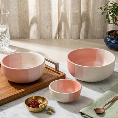 Image of The Earth Store Tritone Pink Ceramic Serving Bowl Set of 3 - 800ML, 500ML, 150ML Microwave Safe Bowl, Elegant Serving Bowl | Ceramic Bowl Set of 3 for Home | Restaurants | Gifting