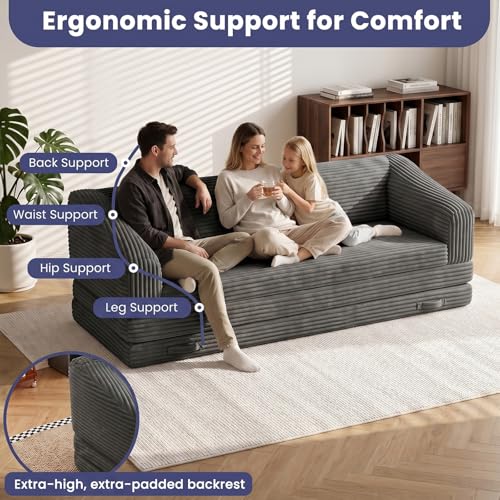 Image of JUIKURY Convertible Sofa Bed, 3-in-1 Foldable Loveseat Couch with Armrest, Corduroy Floor Sofa & Sleeper Bed, No Assembly High-Density Foam Futon Mattress for Living Room, Small Apartment, Dorm