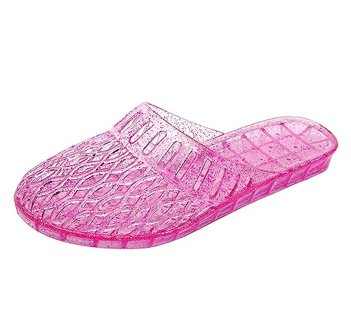 Image of Womens Jelly Shoes, Pink Jellies Sandals Glitter Clear Flats for Women Size 8, Slip On Summer Beach Slippers Transparent Closed Toe Soft Slide