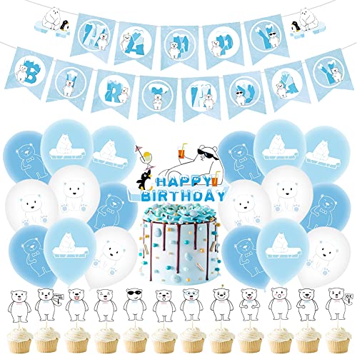 VMOTA Ours Polaire Anniversaire Décoration, 32 Pcs Ours Fêtes Décorations Bannière de Joyeux Anniversaire Topper de Gâteau Ballons pour Anniversaire Bébé Douche décor