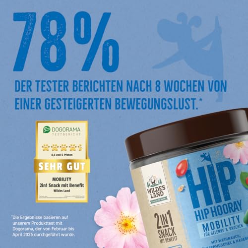 WILDES LAND – Mobility Gelenke & Knochen | Funktionaler Premium-Hundesnack mit natürlichen Zutaten für ausgewachsene Hunde. Getreidefreier Snack ohne Zusatzstoffe im Beutel | 300g